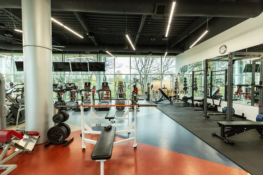 A well-equipped, bright corporate fitness center with large windows and various exercise equipment.