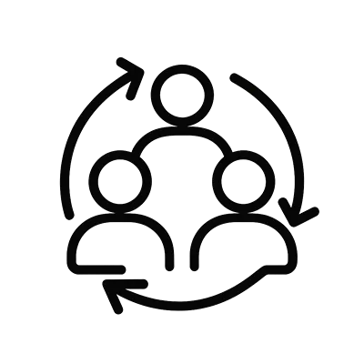 Icon of three people connected by arrows in a circular motion, representing collaboration and teamwork