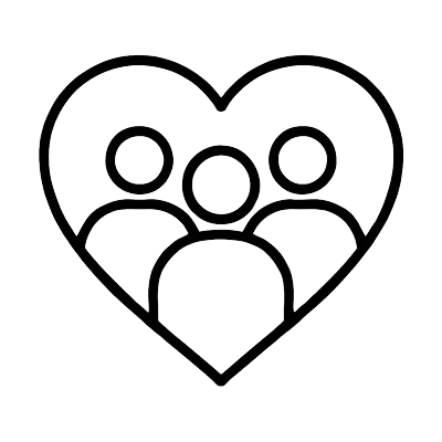 Three people inside a heart outline, symbolizing community, care, or support.