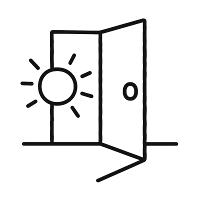 Minimalist icon of an open door with sunlight shining through, symbolizing opportunity, new beginnings, or a bright future.