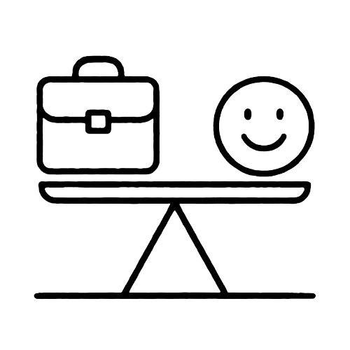 Icon of a balanced scale with a briefcase and smiley face, representing work-life balance.