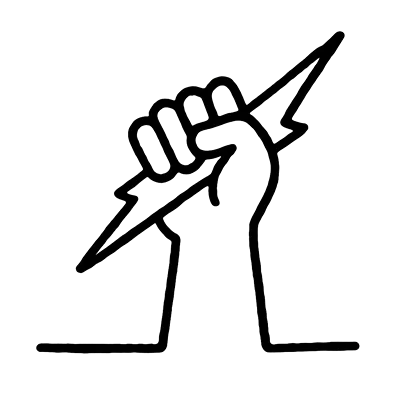 Minimalist icon of a raised fist gripping a lightning bolt, symbolizing empowerment, strength, or energy
