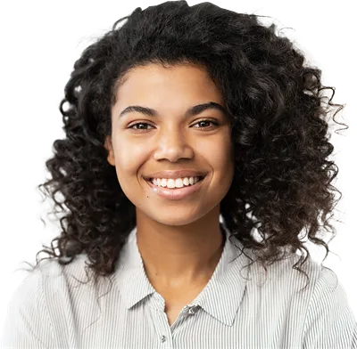 A young Black woman, centered in the image, is smiling broadly. She has shoulder-length, curly, dark brown hair. Her skin tone is medium-brown.