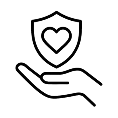 Hand holding a shield with a heart, symbolizing protection, care, and support.