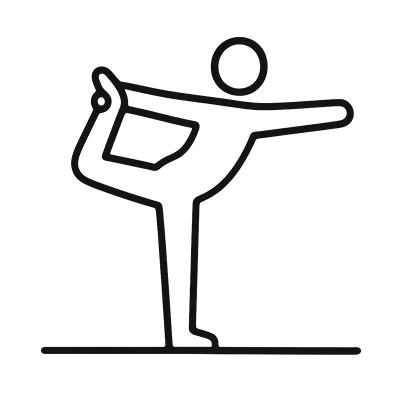 Simple line icon of a person in a yoga pose, balancing on one leg with one arm extended and the other holding their foot, symbolizing flexibility, balance, or wellness.
