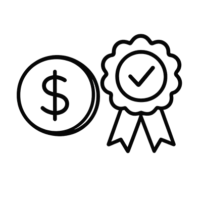 Icon of a dollar sign next to a ribbon badge with a checkmark, representing fair pay or quality rewards.