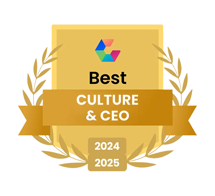 Man in suit presents BEST CULTURE chart on screen to smiling colleagues.