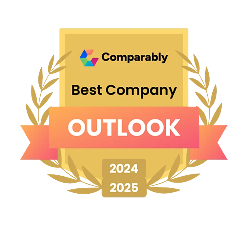 Professional man and woman smiling, holding a framed Best Company Outlook award.