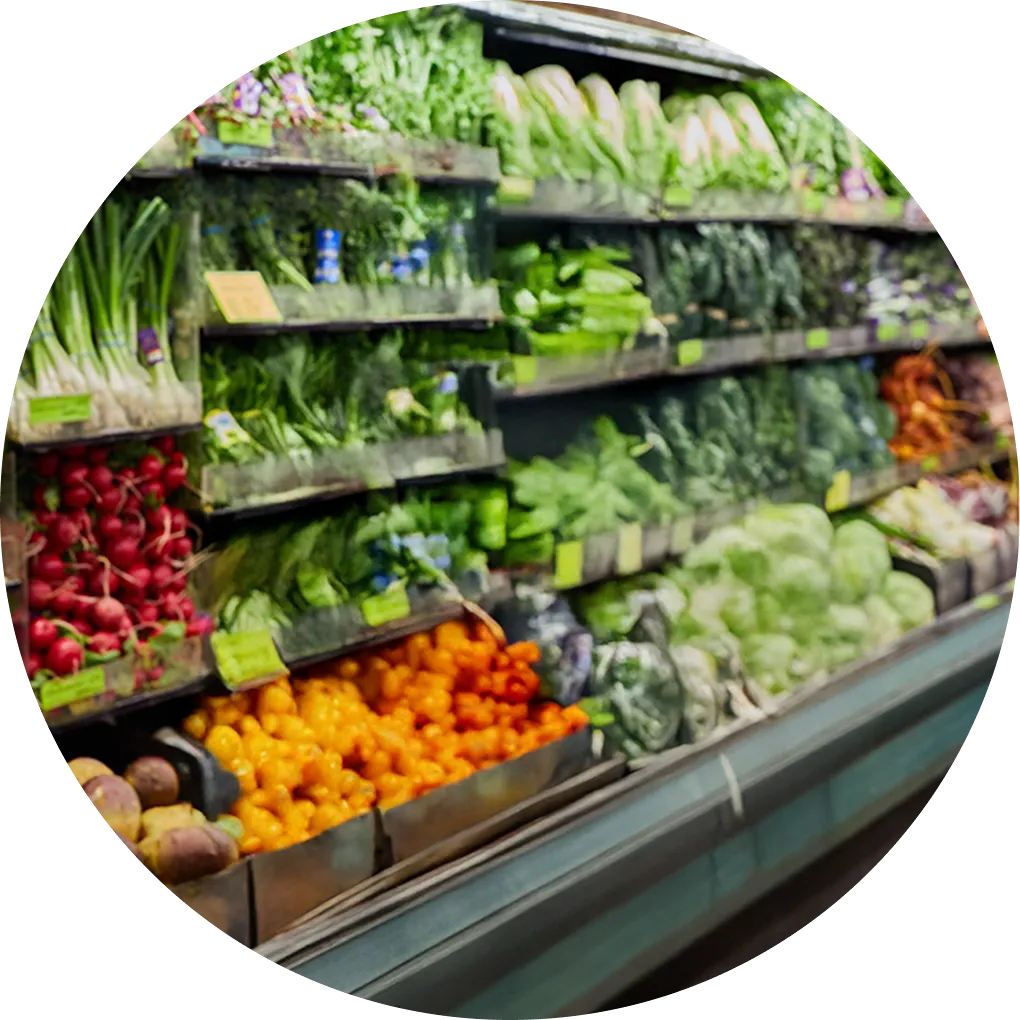 Produce section of a grocery store, various fresh vegetables displayed on shelves including lettuce, radishes, and tomatoes.