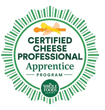 Certified Cheese Professional Apprentice Program badge with cheese and Whole Foods Market logo