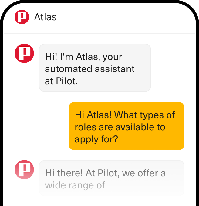 Screenshot of a chat conversation between a virtual job assistant named Atlas from Pilot and a user asking about available job roles.