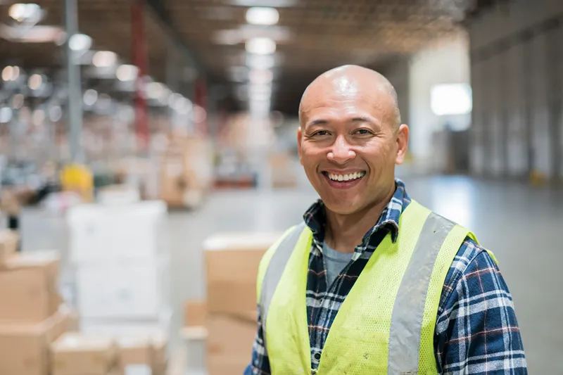 male factory worker smiling