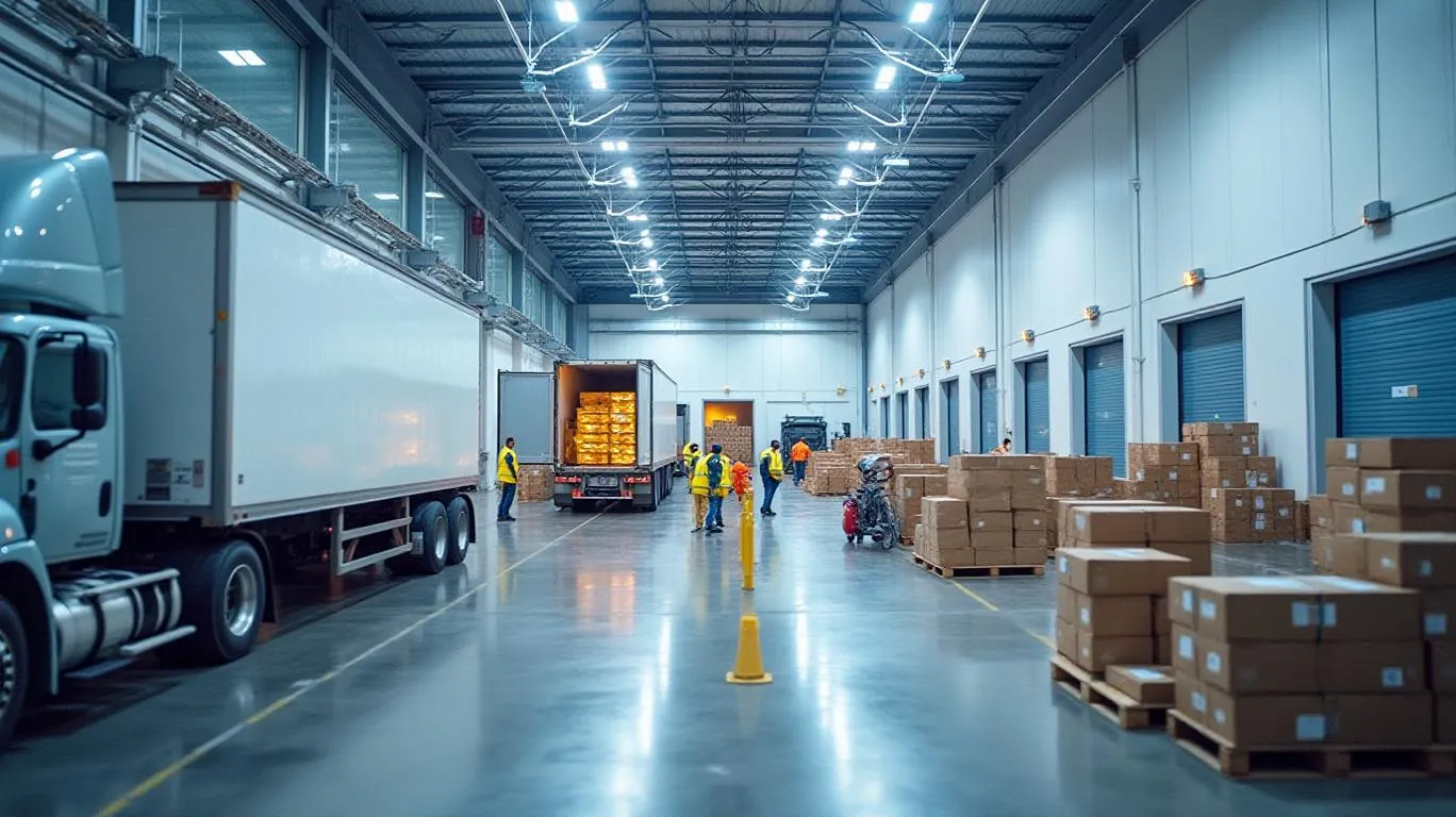 Industrial warehouse with conveyor belts and machinery