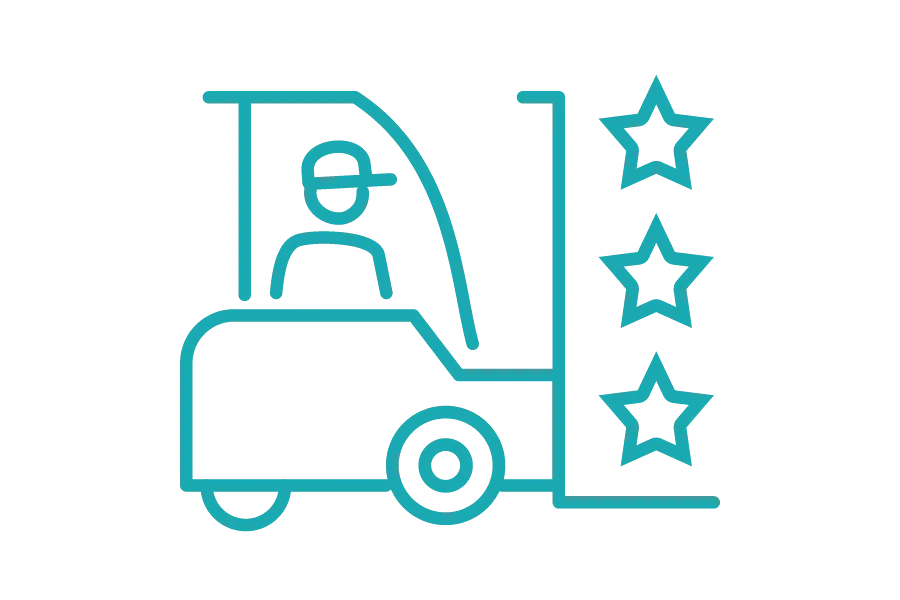 A stylized cyan icon on a black background depicts a forklift with a person operating it, accompanied by three stars next to it, suggesting a rating or approval.