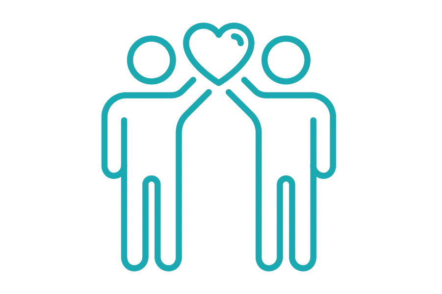 A stylized cyan icon on a black background shows two figures facing each other with arms raised, forming a heart shape between them, symbolizing unity or love.