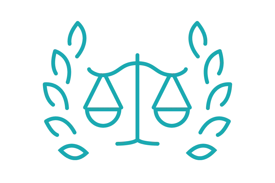 A stylized cyan icon on a black background features a balanced scale flanked by two laurel branches, symbolizing justice or law.