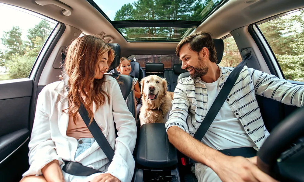 a family in a car with a dog
