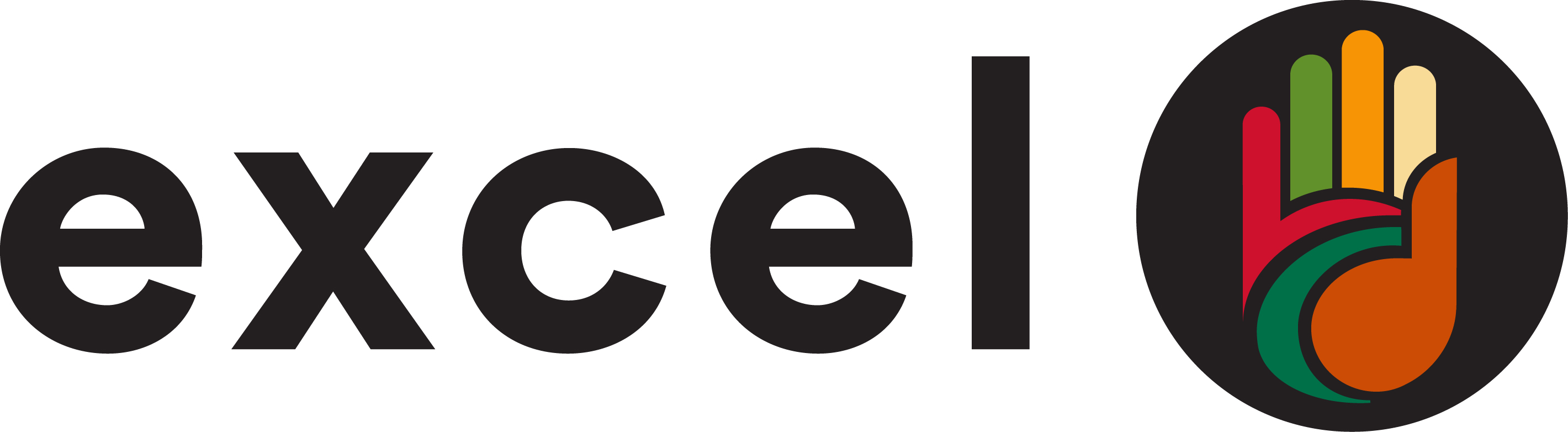 A logo featuring the word excel in bold, black lowercase letters, with a circular icon to the right. The icon contains a stylized hand with fingers extended, depicted in colorful segments of red, green, orange, and beige, set against a black circular background.
