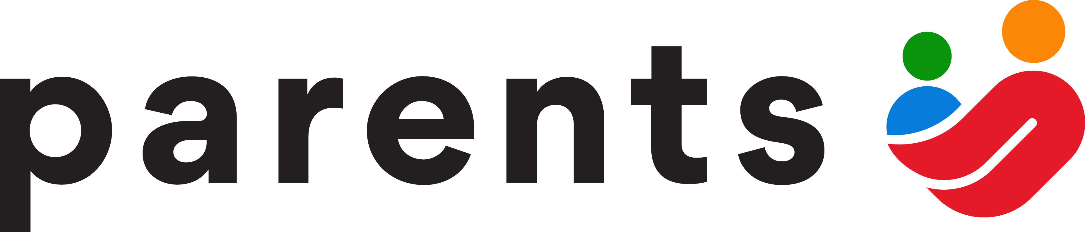 A logo featuring the word parents in bold, black lowercase letters, with a colorful icon to the right. The icon depicts a stylized family, with a red curved shape representing an adult holding a child, and smaller circles in green, blue, and orange symbolizing family members.