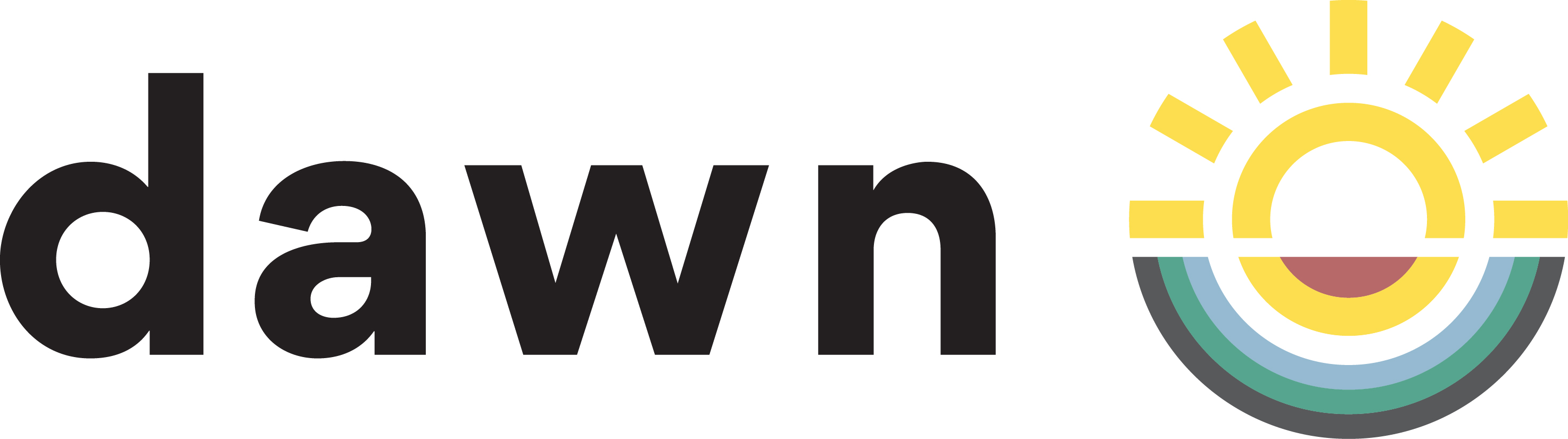 A logo featuring the word dawn in bold, black lowercase letters, with a colorful sunrise or sun icon to the right. The icon includes a yellow sun with rays, a red horizon line, and a gradient of green, blue, and gray arcs beneath, symbolizing a new day or beginning.