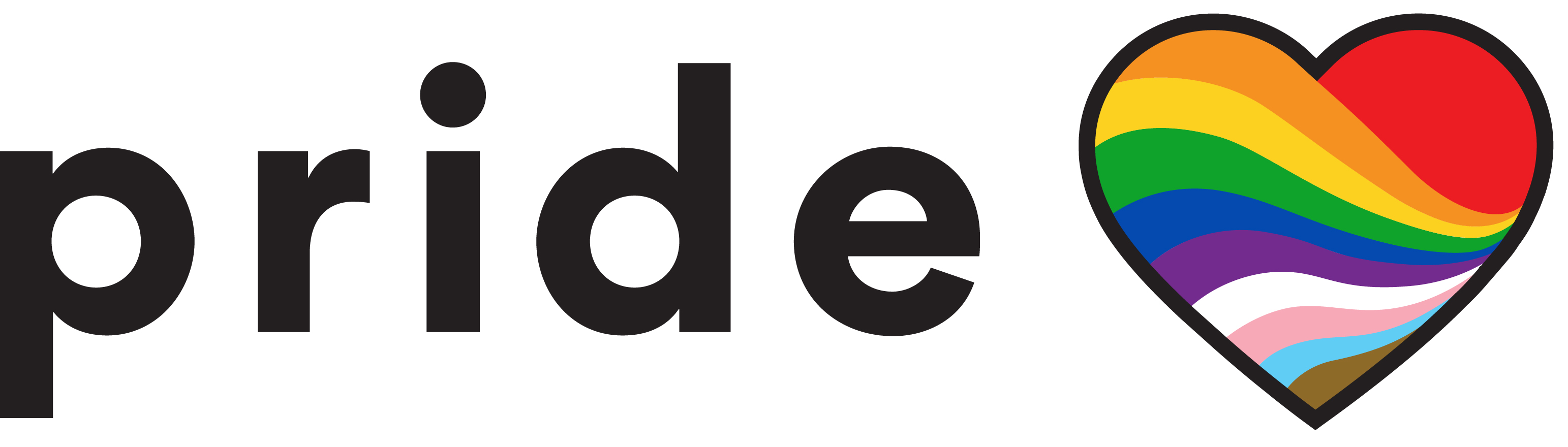 A logo featuring the word pride in bold, black lowercase letters, with a heart-shaped icon to the right. The heart is filled with a rainbow of colors, including red, orange, yellow, green, blue, purple, white, pink, and brown, symbolizing diversity and inclusion.