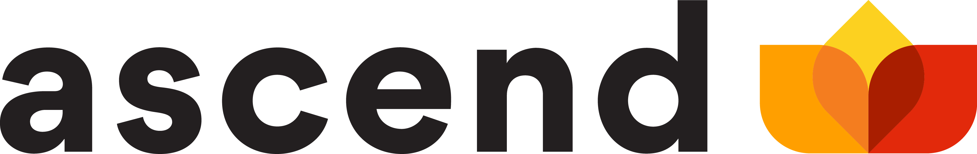 Ascend logo featuring the word ascend in bold black text with a colorful abstract design incorporating orange, red, and yellow hues above the letter d