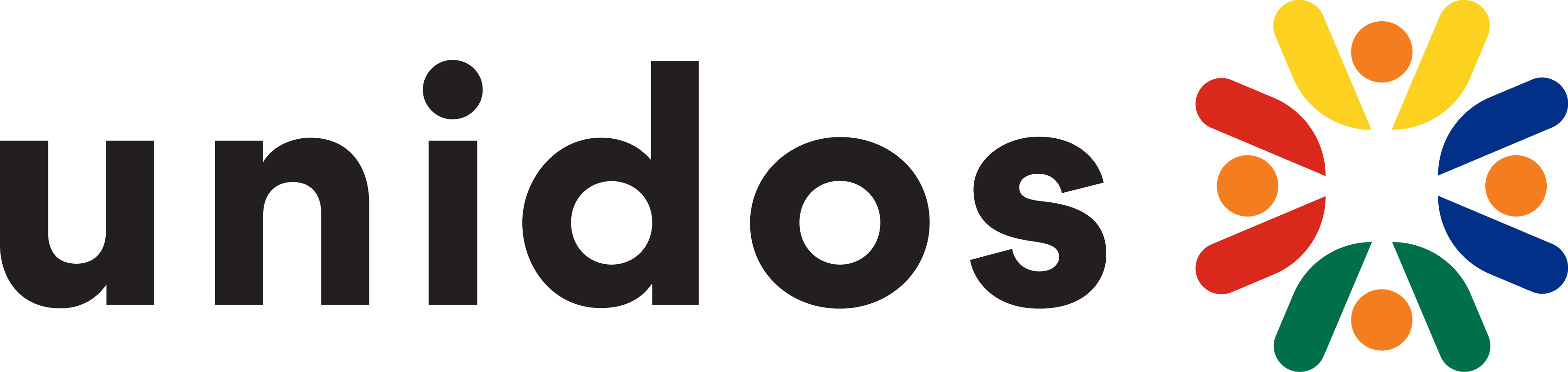 A logo featuring the word unidos in bold, black lowercase letters, with a colorful starburst icon to the right. The icon consists of five stylized figures in red, yellow, blue, green, and orange, each with an orange circle for a head, symbolizing unity and diversity.