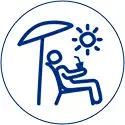 Two people relaxing under umbrella near sun icon