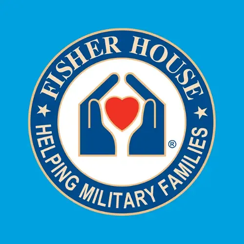 Fisher House logo with hands holding heart, helping military families