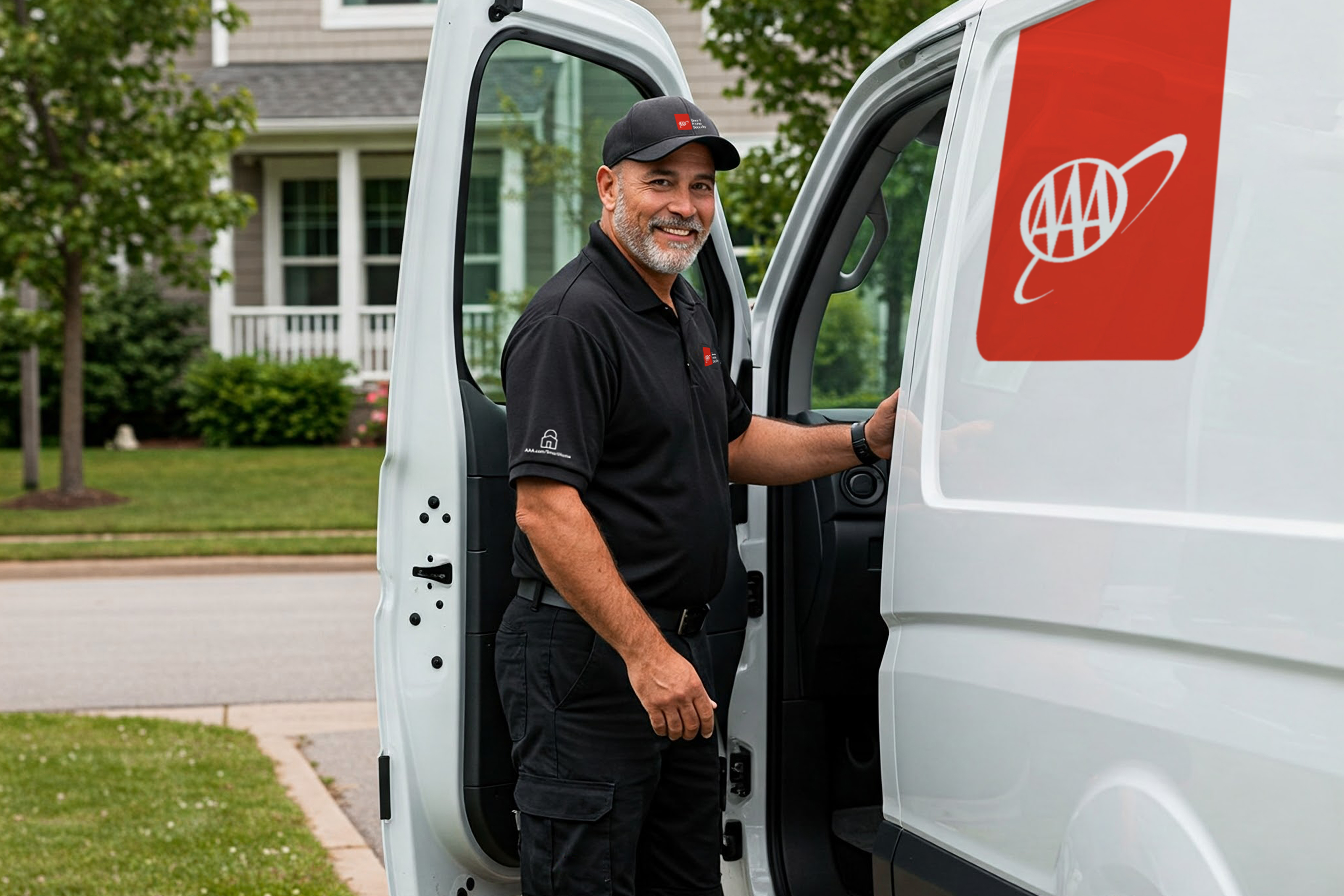 Two AAA service workers assist with car repair in residential area
