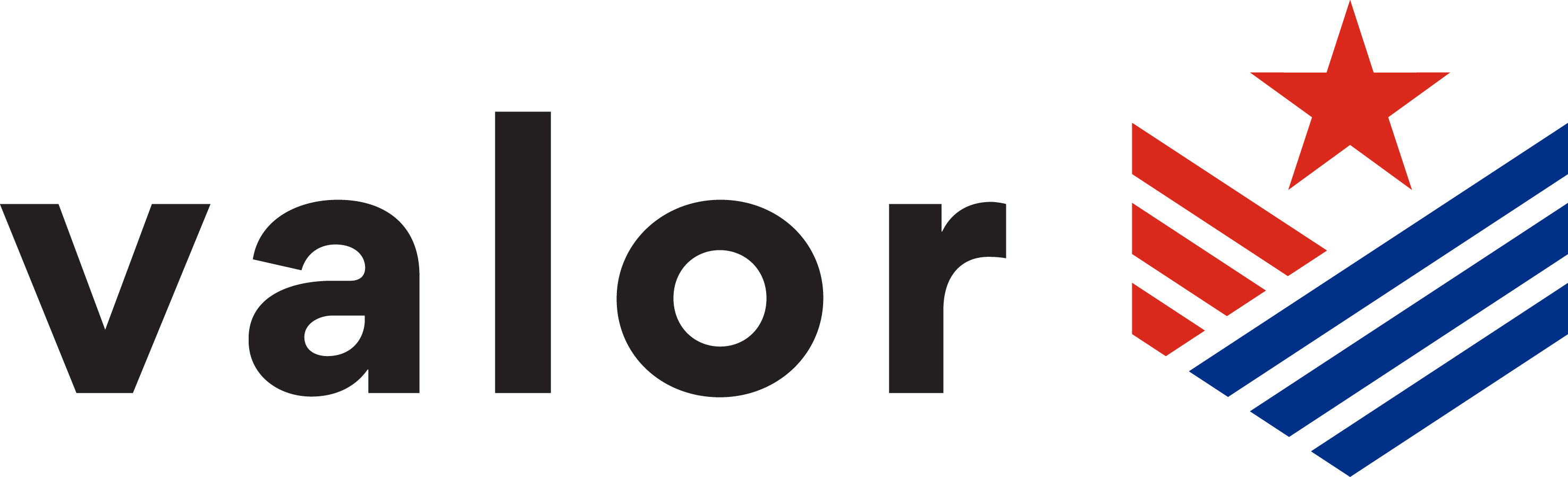 A logo featuring the word valor in bold, black lowercase letters, with a stylized icon to the right. The icon includes a red star above a design of red and blue diagonal stripes, resembling a badge or emblem, symbolizing strength and honor.