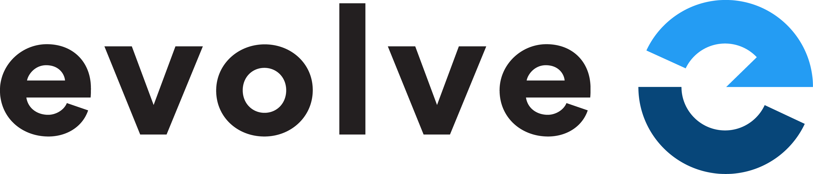 A logo featuring the word evolve in bold, black lowercase letters, with the final e replaced by a blue circular shape with a missing segment, transitioning from light blue to dark blue, symbolizing growth or change.