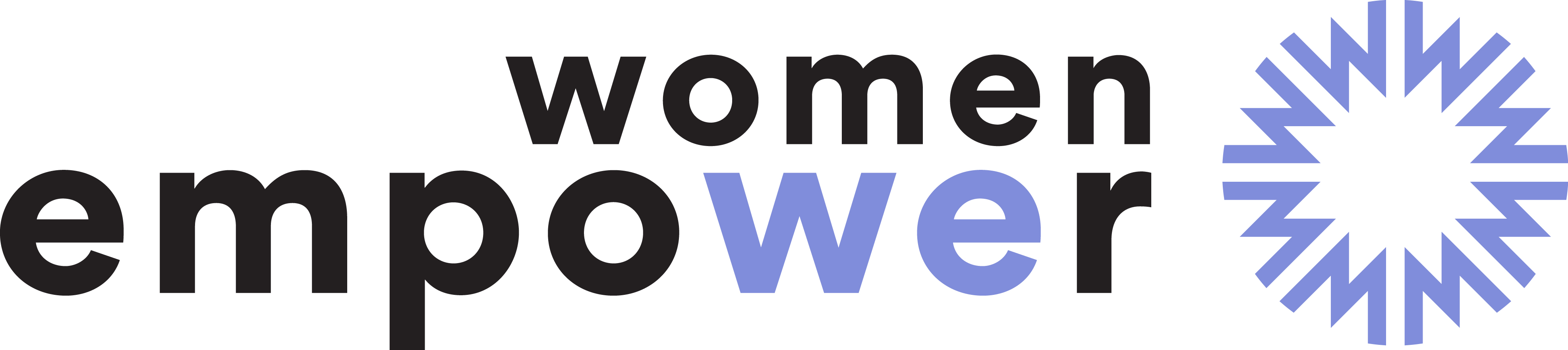 A logo featuring the word empower in bold letters, with women in black and power in blue. To the right, there is a blue, starburst-like icon with radiating zigzag lines, symbolizing strength and energy.