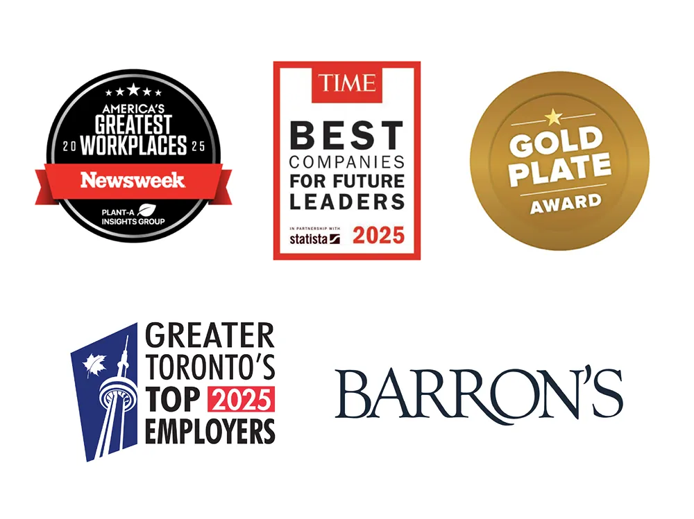 Awards recognizing Newsweek's America's Greatest Workplaces, Time's Best Companies for Future Leaders, a Gold Plate Award, and Greater Toronto's Top Employers, demonstrating a commitment to inclusion