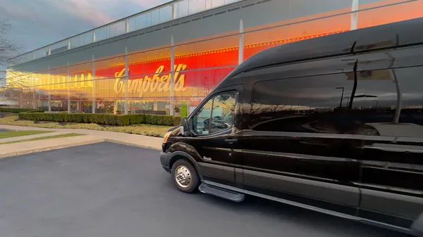 Black van parked outside the Campbell's Soup headquarters