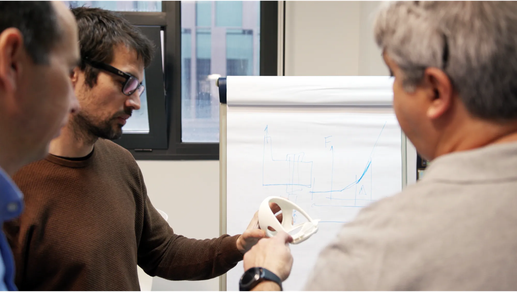 A group of people standing around a white board