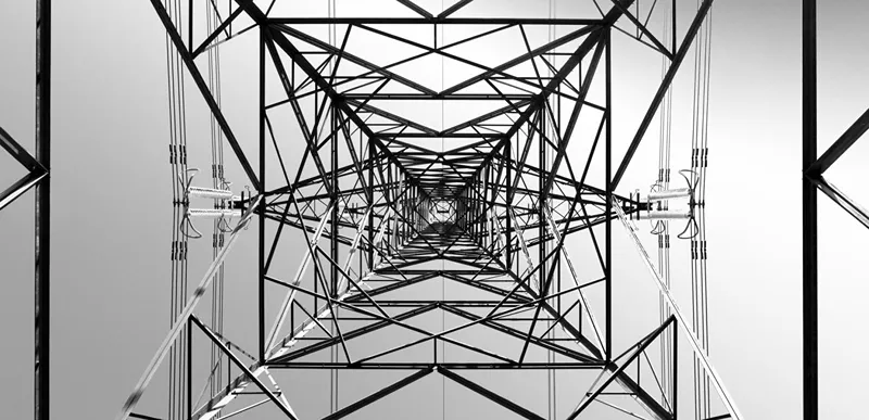 A photo looking up inside of a large machine