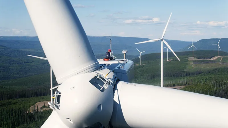 A photo of a person working on the top of a wind turbine