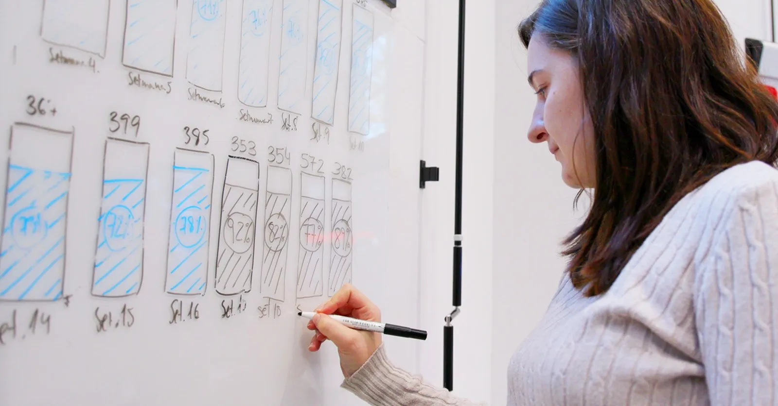 A woman writes on a white board