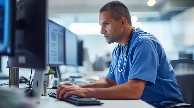 A man in blue scrubs working at a computer