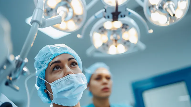 A photo of a group of medical professionals looking up and off camera