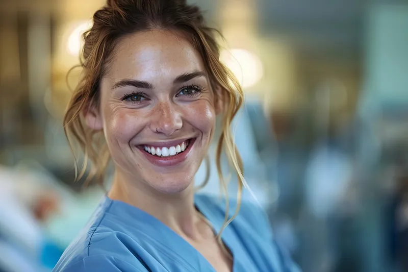 Confident smiling provider in blue scrubs