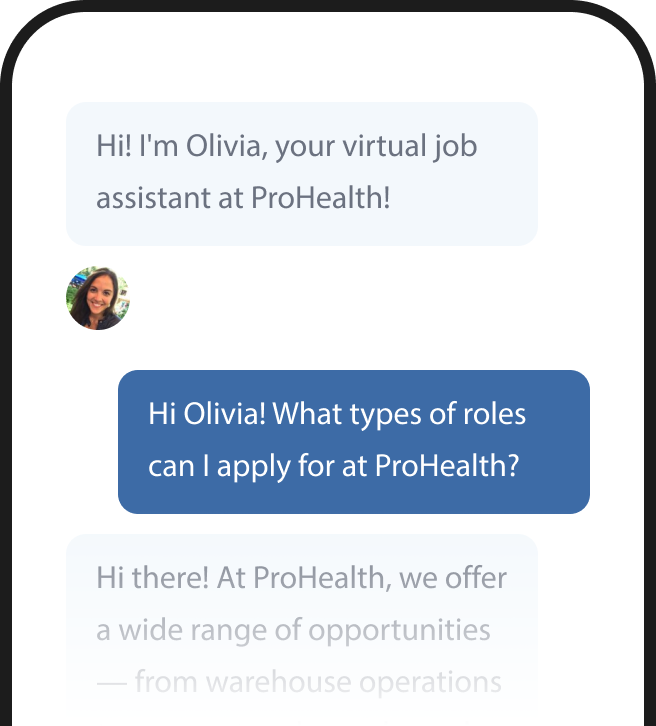 Chat interface showing Olivia, a virtual job assistant at ProHealth, discussing job roles.