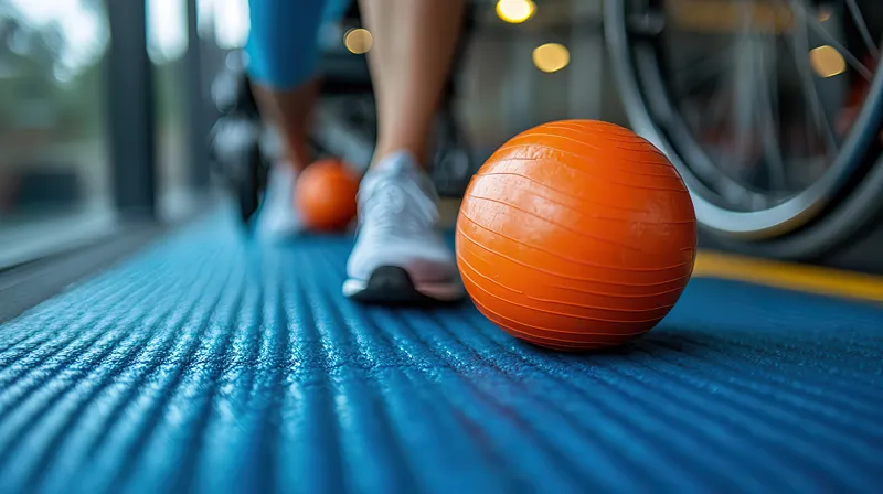 A photo of a orange ball on a blue floor