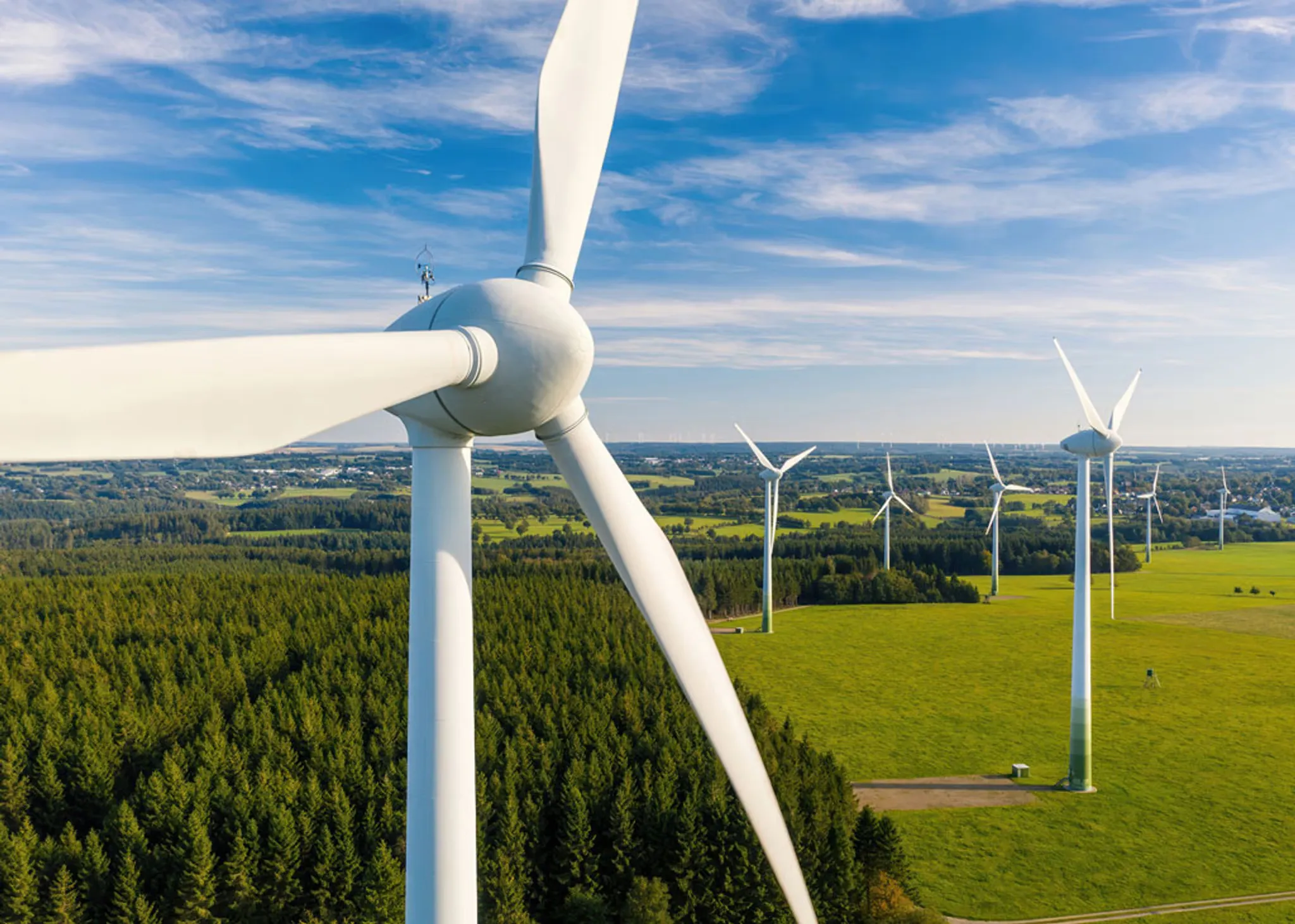 Wind turbines in a green landscape, representing IPS's work in renewable energy