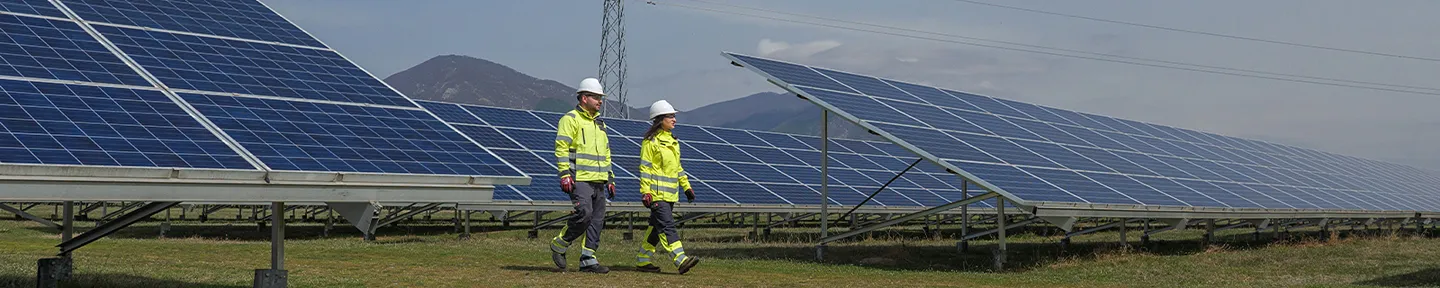 Workers in safety gear walking through a solar panel field with mountains in the background
